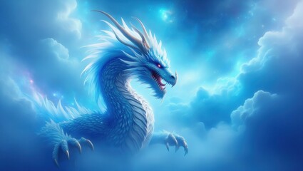 Obraz premium Majestic blue dragon with glowing eyes emerges from ethereal clouds in a starry sky