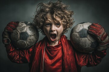 A young boy in a red soccer uniform, goalkeeper gloves,  is holding two soccer balls, looking excited, determined. Dramatic lighting and intense expression, passion and readiness for the game.