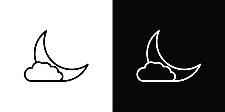 Cloud moon icon pack with black and white editable stroke lines for graphic design work