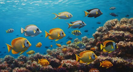 Fototapeta premium Vibrant Reefscape Diverse Fish Swimming Among Colorful Corals in a Tranquil Underwater Scene