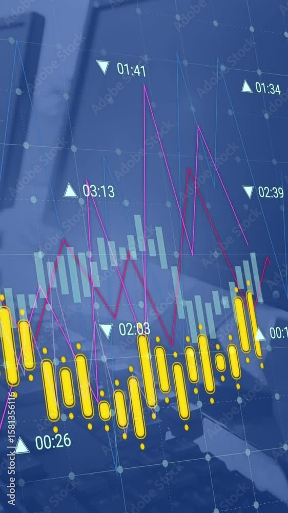 Poster animation of green line and data processing over computers on desk in office