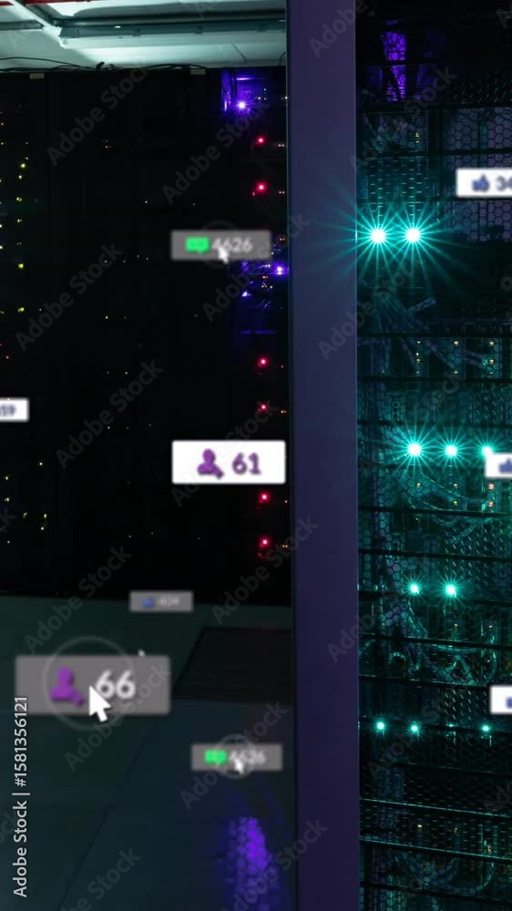 Poster animation of social media icons floating against empty computer server room