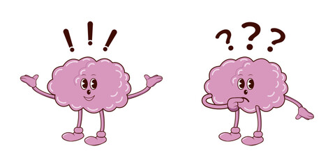 Obraz premium Set, human brain on white background, one brain happy with idea, exclamation mark, sad brain with question mark