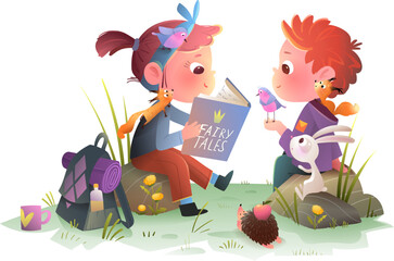 Kids and animals reading a book together in the forest. Boy, girl, bunny, squirrel, and birds enjoy a fairytale picnic in wilderness. A baby cartoon vector illustration of children story adventure