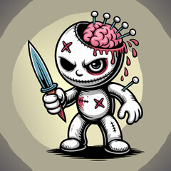 Voodoo doll vector with dagger and brain exposed. Menacing design for Halloween, horror, tattoo, or dark themed projects. Ideal for print or digital media.