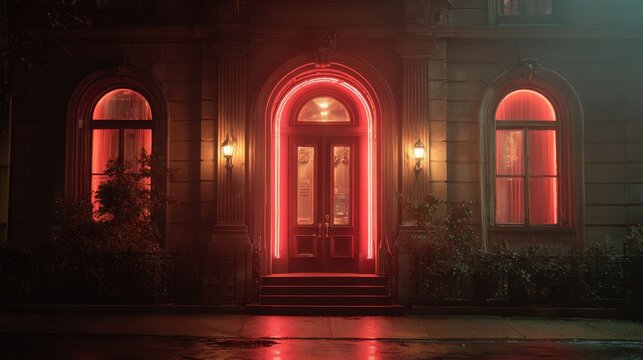 Stunning photo of exterior door of an elegant red mansion with arch windows at night. Red neon lights. - Powered by Adobe