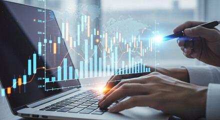 Closeup of a person analyzing financial data and growth charts on a laptop screen