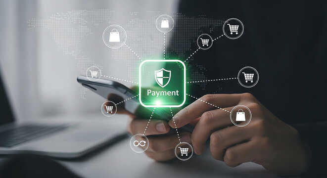 Person using a smartphone for secure online payment with shopping and global network icons