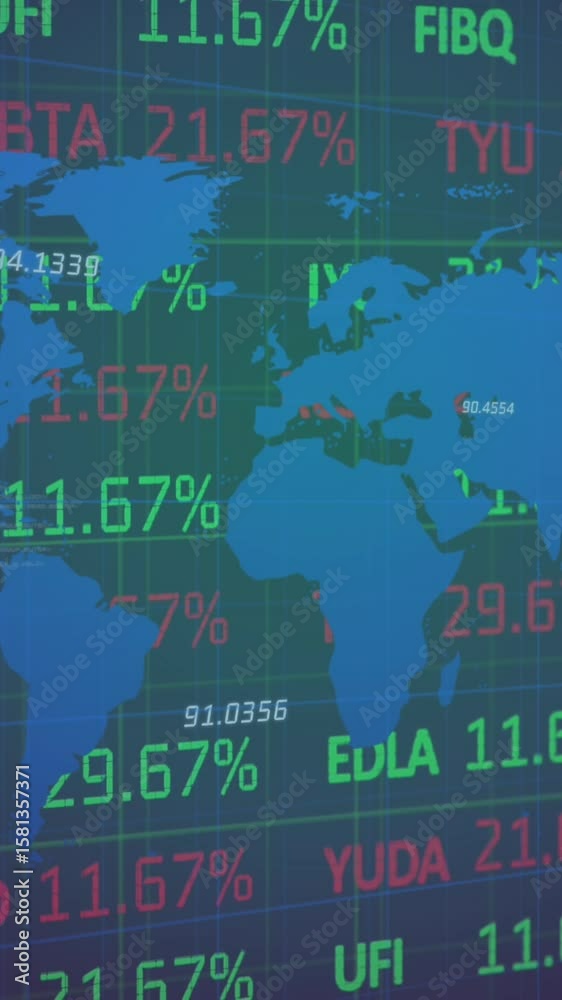 Poster animation of financial data processing over world map and grid