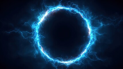 Stunning photo of electric blue lightning frame with plasma portal on dark background. Round glowing sphere with neon strikes. Energy circle border with flash spark effects.