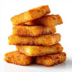 Golden fried fish fingers stacked on white background &mdash; isolated food photo for menus or packaging