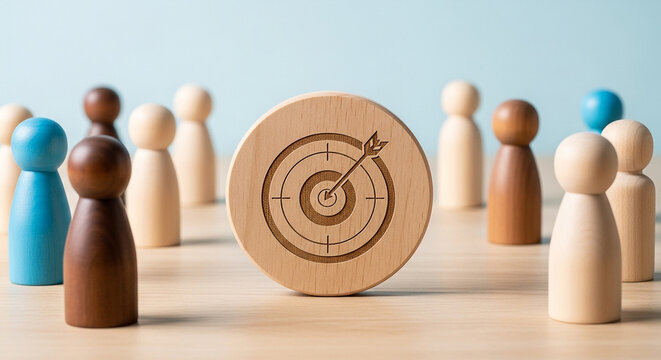 Wooden figures surround a central target with an arrow, representing team focus on achieving shared goals