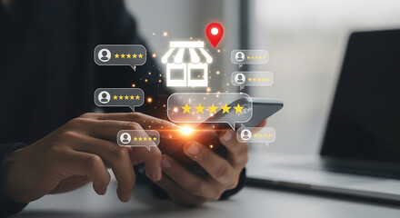 Customer providing a fivestar review for a business via smartphone, highlighting online feedback and satisfaction