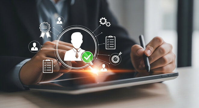 A person reviews a candidate profile and checks qualifications on a tablet, symbolizing the human resources and recruitment process