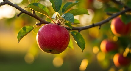 Ripe Apples on a Tree Branch Glowing in the Warm Sunlight of a Garden, Fruitful Harvest