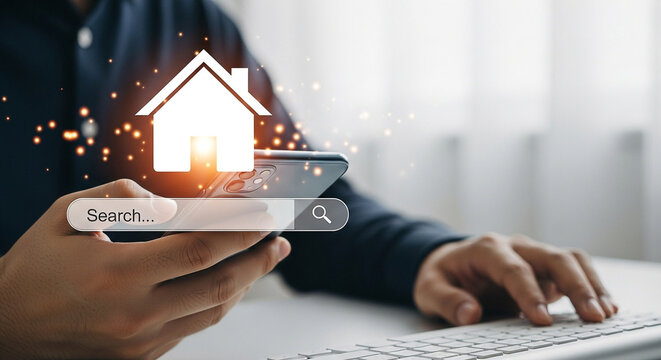 A person searches for a house online using a smartphone and laptop, symbolizing real estate
