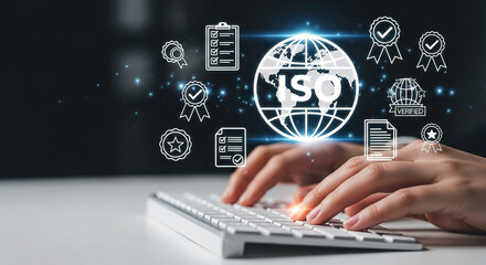 Hands typing on a keyboard with iso certification and quality assurance icons displayed