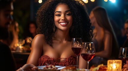 A woman is smiling warmly while holding a wine glass at a dinner table. The cozy, dimly lit setting and her joyful expression create an inviting and pleasant atmosphere.