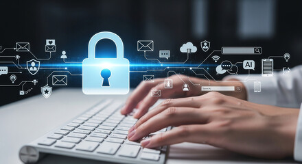 Hands typing on a keyboard with a glowing blue padlock icon representing digital security and data protection