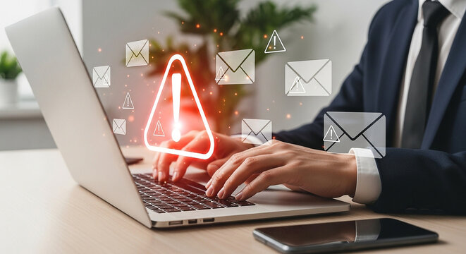 Businessman working on a laptop with a glowing red warning alert symbol and email notifications