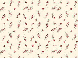 Seamless vintage Floral Pattern with Red berries on Cream Background 