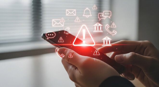 A person holds a smartphone displaying a glowing red warning icon with various notification and communication symbols