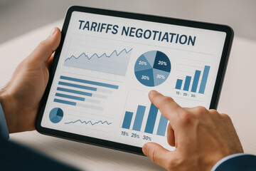 Tariffs negotiation data analysis tablet with charts and graphs showing trends and percentages for business decision making and strategy planning