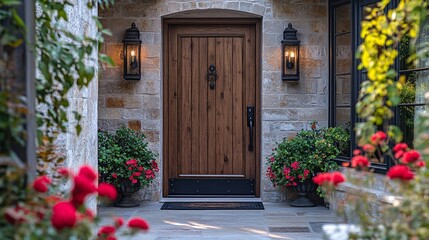 Dark Wooden Door and Stone Entrance with Red Flowers