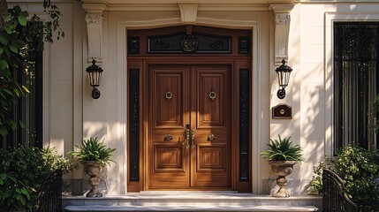 Grand Classical House Entrance with Ornate Wooden Doors and Stone Facade with Plants and Pots and Sunlight and Shadows and Classic Architectural Style And Double Doors and Stonework and Landscaping