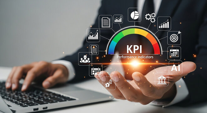 Businessman holding a kpi performance indicators gauge with various business icons