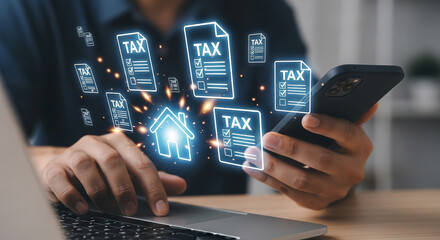 Man using smartphone and laptop to manage tax payments and financial documents