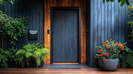 Modern Gray House Exterior With Wooden Door And Lush Greenery And Plants Landscaping And Flowers Design Ideas And Decorative Elements Including Stone And Potted Plants And Mailbox Architectural Style