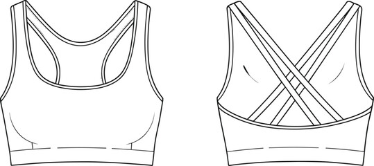 Vector sketch of sports bra with scoop neckline and crisscross strap back design, technical mockup template for activewear fashion, garment illustration projects