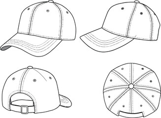 Vector sketch of baseball cap from multiple angles—front, side, back, and top—with curved brim, strap, panel stitching, design mockup for fashion branding