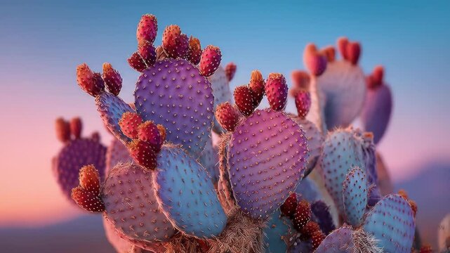 Colorful cactus pads with fruit against a soft sunset background