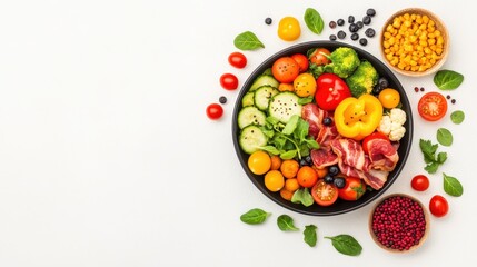 Colorful healthy gourmet salad topview style on plate. Salad with fresh vegetables, organic nutrition and vibrant food. Healthy diet, assorted cuisine, flatlay background, perfect for clean eating