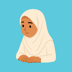 This illustration depicts a girl wearing a cream-colored hijab against a blue background, sitting and gazing calmly ahead. The simple cartoon style is suitable for educational and religious content.
