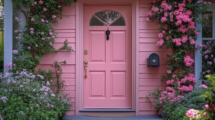 Pink House Exterior with Blooming Flowers and Pink Door