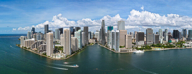Aerial panorama of Brickell in Miami. Downtown Miami skyline on a sunny day. Scenic view of Miami...