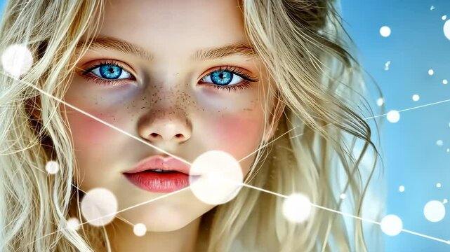 Girl's Beauty: A portrait of a girl with flowing blond hair, blue eyes, and delicate freckles exhibits timeless elegance