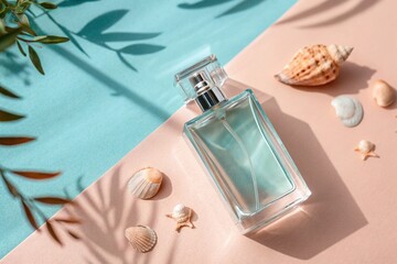 Perfume bottle mockup on a turquoise and coral background, with seashells and dried flowers