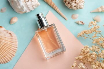 Perfume bottle mockup on a turquoise and coral background, with seashells and dried flowers