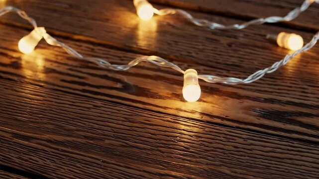 Warm glow of twinkling string lights against rustic wooden background