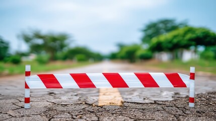 Barrier Blockade on a Cracked Road Surrounded by Green Trees