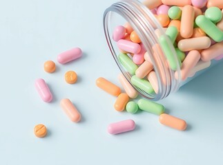 Pastel Pills and Tablets: A vibrant collection of pastel-colored pills and tablets spills from a clear plastic jar onto a light blue background. The image evokes a sense of medicine, health.