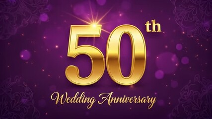 Celebrating a Golden Milestone 50th Wedding Anniversary with Elegant Gold Lettering and Sparkling Purple Background.