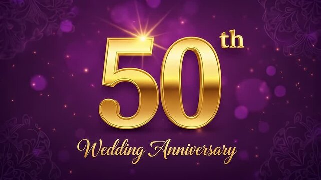 Celebrating a Golden Milestone 50th Wedding Anniversary with Elegant Gold Lettering and Sparkling Purple Background.