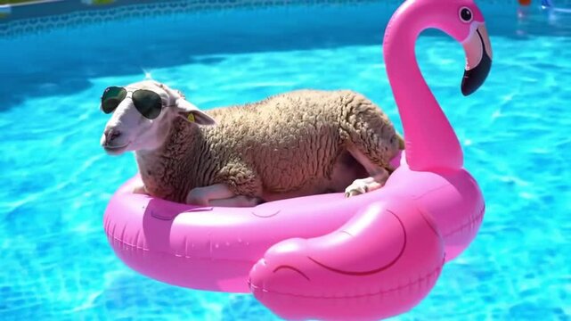 Sloth floating happily on inflatable in a bright blue swimming pool

