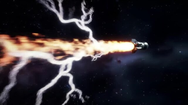 Space shuttle launching with explosive flames and smoke trail
