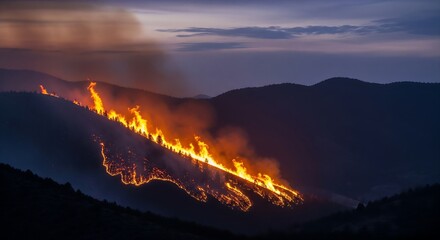 Fototapeta premium A wildfire engulfs a mountainside at dusk, creating a dramatic scene of intense flames and billowing smoke against a darkening sky. The fire's path is clearly visible, snaking along the slop